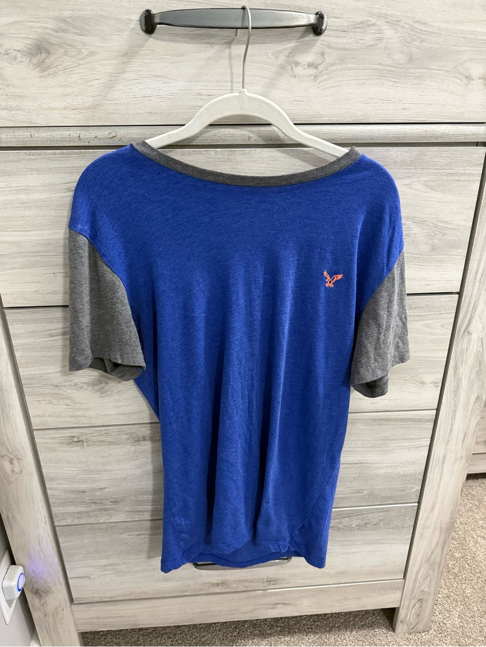 American Eagle Outfitters Royal Blue Tee with Gray Raglan Sleeves
